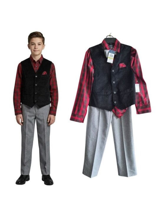 Izod Other - IZOD Boys Sz 14 Suit Set 4Piece Red Plaid Shirt Black Vest Grey Pants Formal New